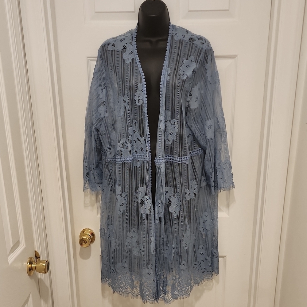 Paper Tee Blue Lace Robe with Fringe Detail